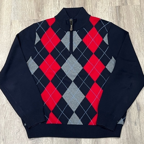 Men’s M Brooks Brothers 100% Merino Wool Argyle Plaid Quarter Zip Lux Sweater - Picture 1 of 6